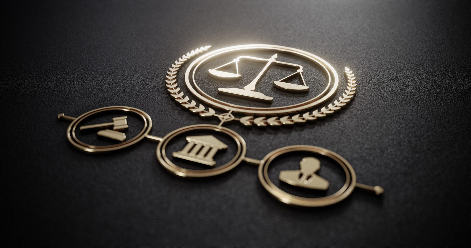 Golden justice symbols on black textured background.
